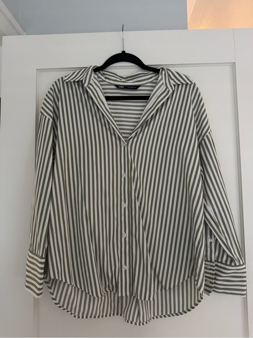 Zara Olive Stripe Oversized Button-Up Shirt